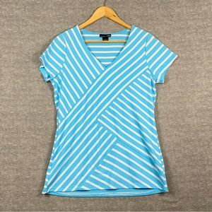 RXB Womens Blue/White Geometric Stripes‎ Short Sleeve Athletic Blouse Size Large